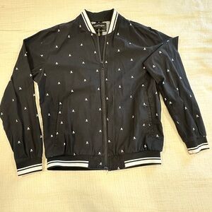 Denim & Flower Black Bomber Jacket with White Skull Accents